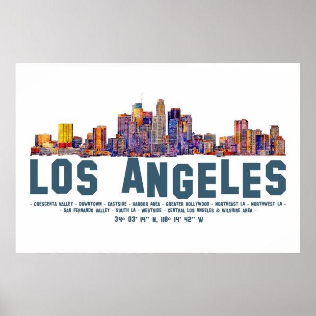 Affiche Horizon de Los Angeles. Noms de zones et coordonné (Devant)