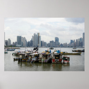 Affiche Horizon de Panamá City avec des bateaux de pêche