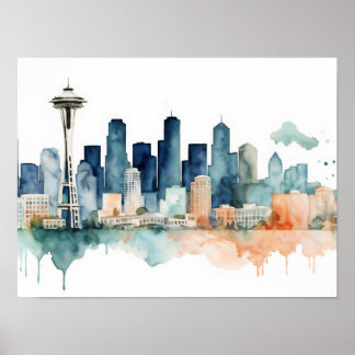 Affiche Horizon de Seattle dans des tons d'aquarelle