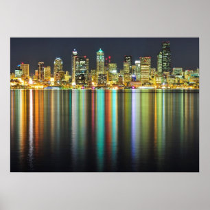 Affiche Horizon de Seattle la nuit avec la réflexion