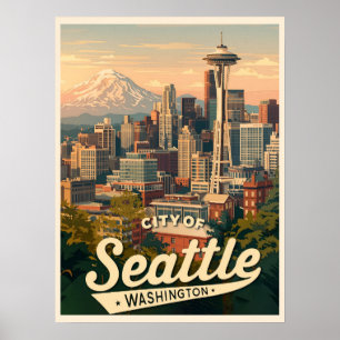 Affiche Horizon de Seattle – Space Needle et mont Rainier