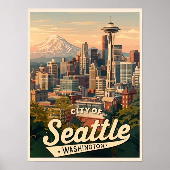 Affiche Horizon de Seattle – Space Needle et mont Rainier (Devant)