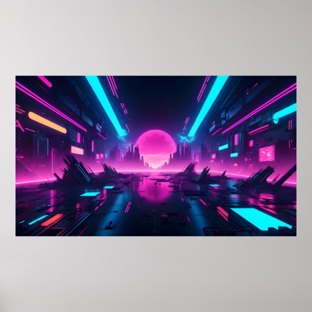 Affiche Horizon de ville néon vaporwave futuriste Synthwav (Devant)