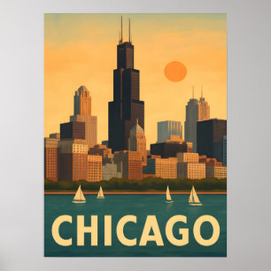 Affiche Horizon vintage de Chicago, voilier sur le lac Mic