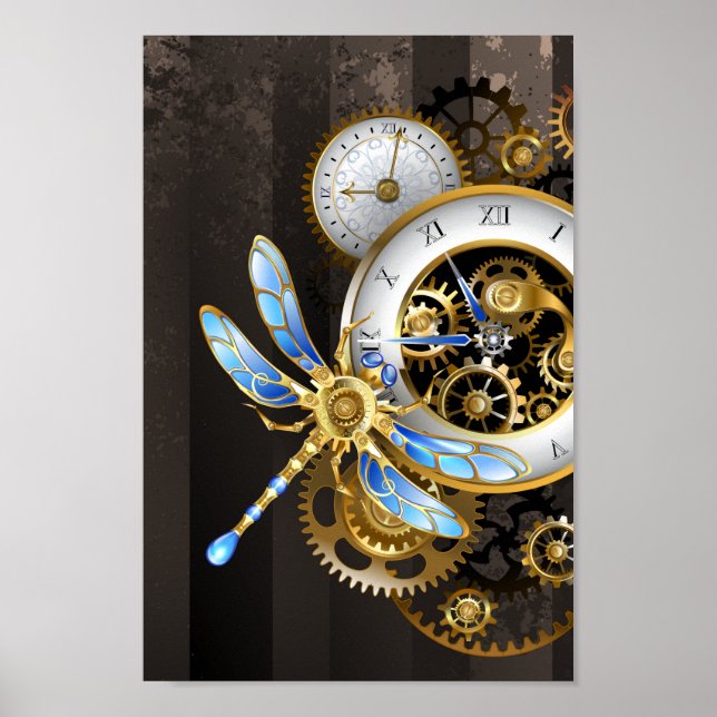 Affiche Horloge à vapeur avec libellule mécanique (Devant)