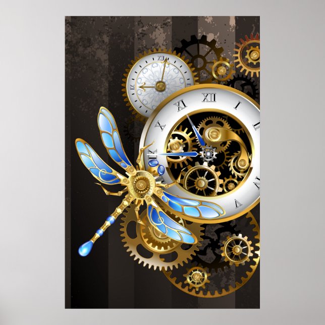Affiche Horloge à vapeur avec libellule mécanique (Devant)