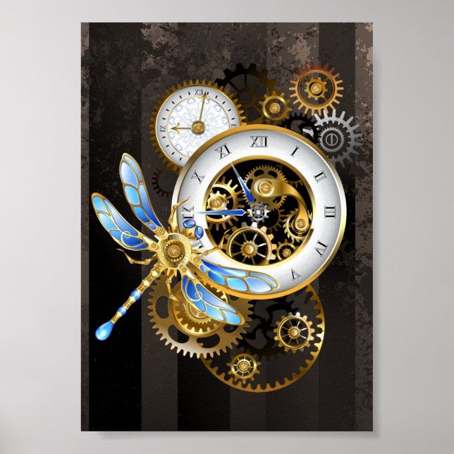 Affiche Horloge à vapeur avec libellule mécanique (Devant)