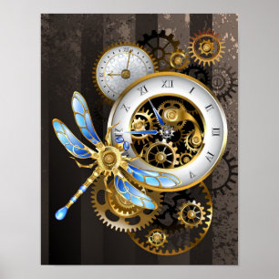 Affiche Horloge à vapeur avec libellule mécanique