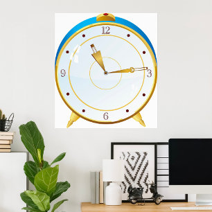 Affiche Horloge rétro d'alarme or avec réglage bleu