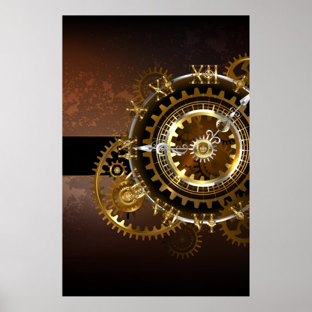 Affiche Horloge Steampunk avec des engrenages anciens (Devant)