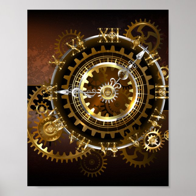 Affiche Horloge Steampunk avec des engrenages anciens (Devant)