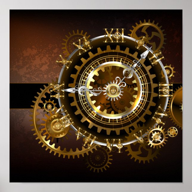 Affiche Horloge Steampunk avec des engrenages anciens (Devant)