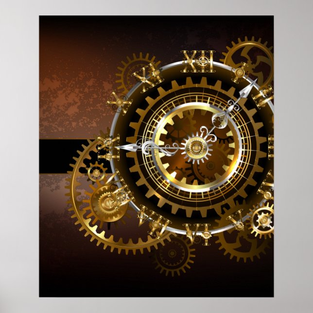 Affiche Horloge Steampunk avec des engrenages anciens (Devant)