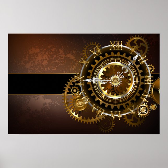 Affiche Horloge Steampunk avec des engrenages anciens (Devant)
