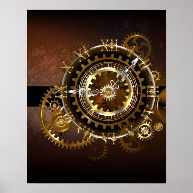 Affiche Horloge Steampunk avec des engrenages anciens (Devant)