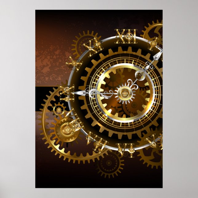 Affiche Horloge Steampunk avec des engrenages anciens (Devant)