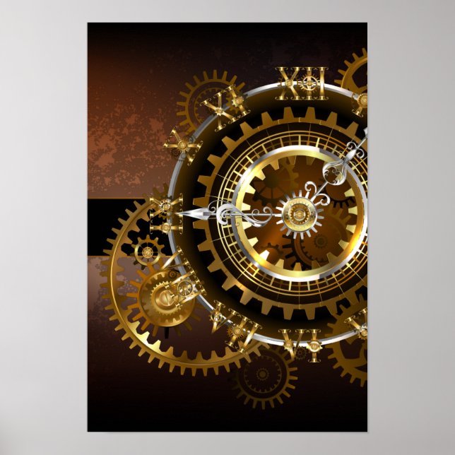 Affiche Horloge Steampunk avec des engrenages anciens (Devant)