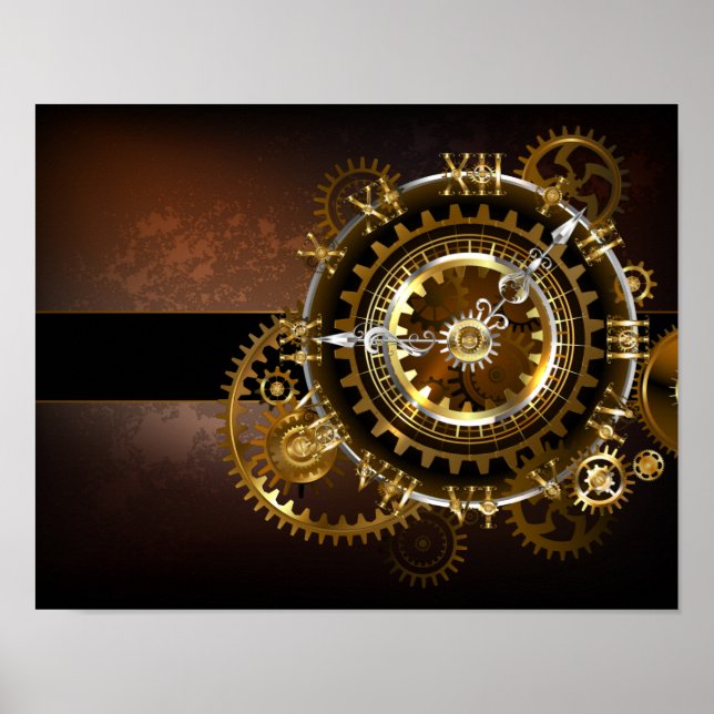 Affiche Horloge Steampunk avec des engrenages anciens (Devant)