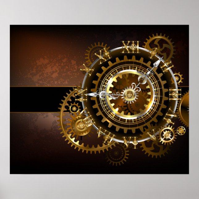 Affiche Horloge Steampunk avec des engrenages anciens (Devant)