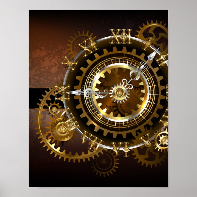 Affiche Horloge Steampunk avec des engrenages anciens (Devant)