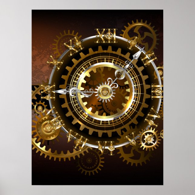 Affiche Horloge Steampunk avec des engrenages anciens (Devant)
