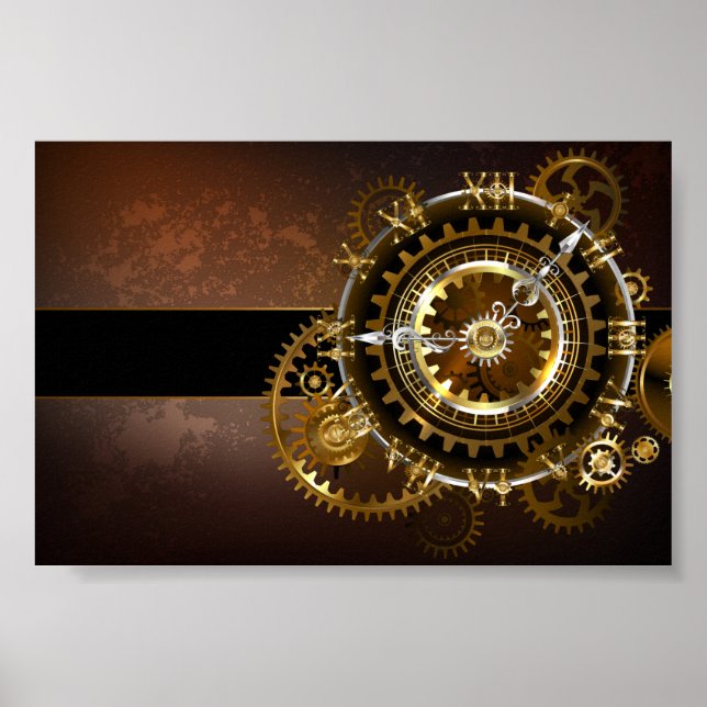 Affiche Horloge Steampunk avec des engrenages anciens (Devant)