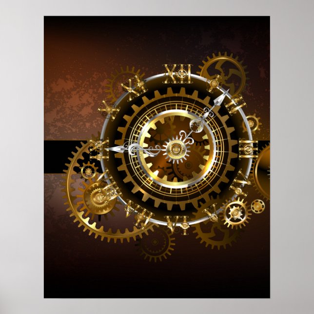 Affiche Horloge Steampunk avec engrenages antiques (Devant)