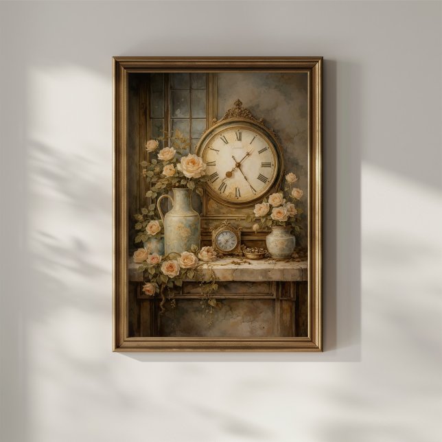 Affiche Horloge Vintage et Roses (Créateur téléchargé)