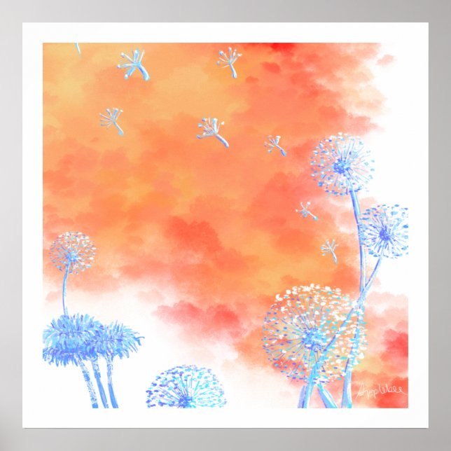 Affiche Horloges Dandelion contre corail orange nuages can (Devant)