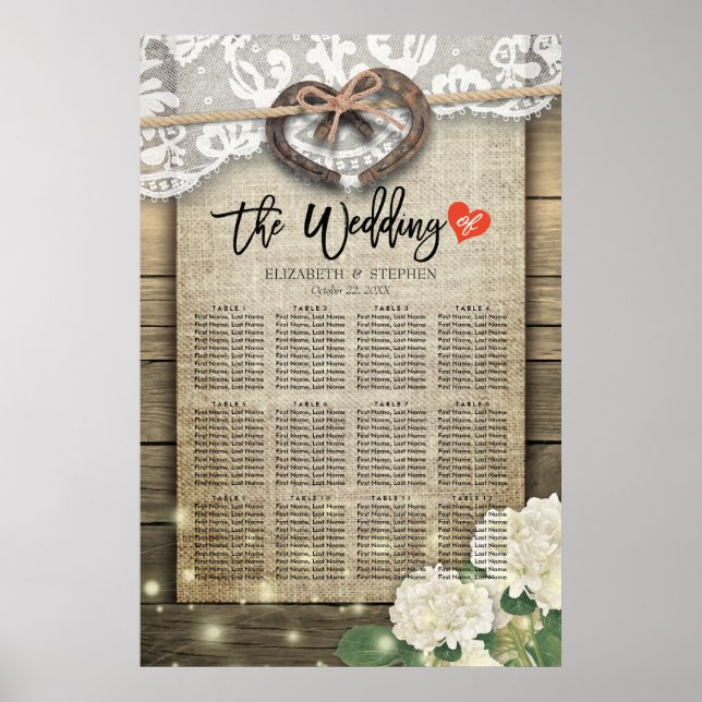 Affiche Horseshoes Hydrangea Wood Wedding Seating Charts (Devant)