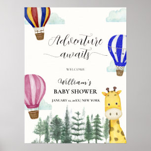 Affiche Hot Air Balloon Jungle Giraffe Baby shower Bienven