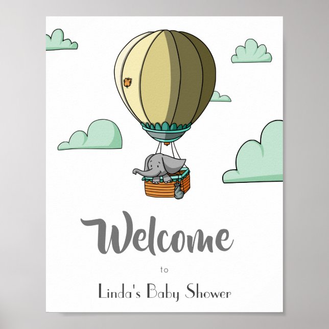 Affiche Hot Air Balloon with Elephant Welcome Baby Shower (Devant)