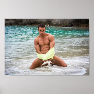 Affiche Hot Guy S'Agenouille Dans L'Eau Sexy Shirless Musc