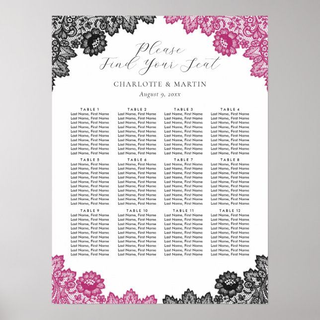 Affiche Hot Pink and Black Wedding Seating Chart 12 (Devant)