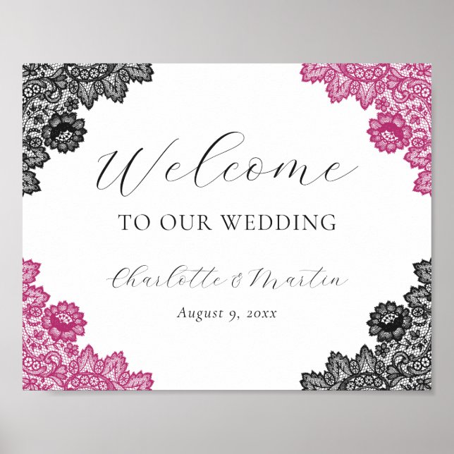 Affiche Hot Pink and Black Wedding Welcome Sign (Devant)
