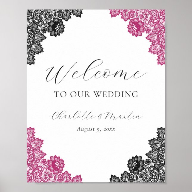 Affiche Hot Pink Black Floral Lace Wedding Welcome Sign (Devant)