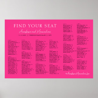 Affiche Hot Pink Fuchsia Wedding Alphabetical Seating