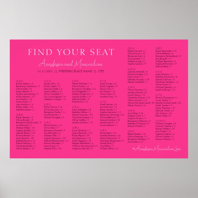 Affiche Hot Pink Fuchsia Wedding Alphabetical Seating (Devant)