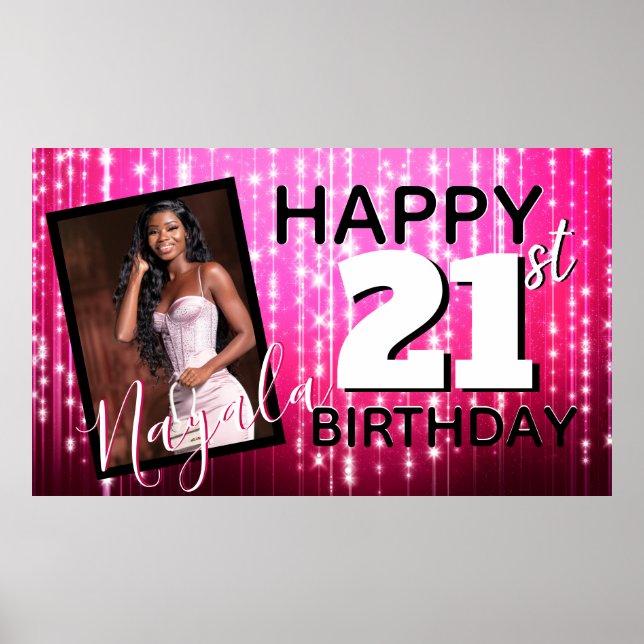 Affiche Hot Pink Sparkles| Monogramme| Âge| Photo Annivers (Devant)