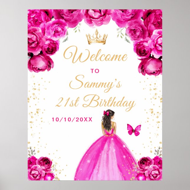 Affiche Hot rose Brunette Cheveux Princesse Anniversaire B (Devant)