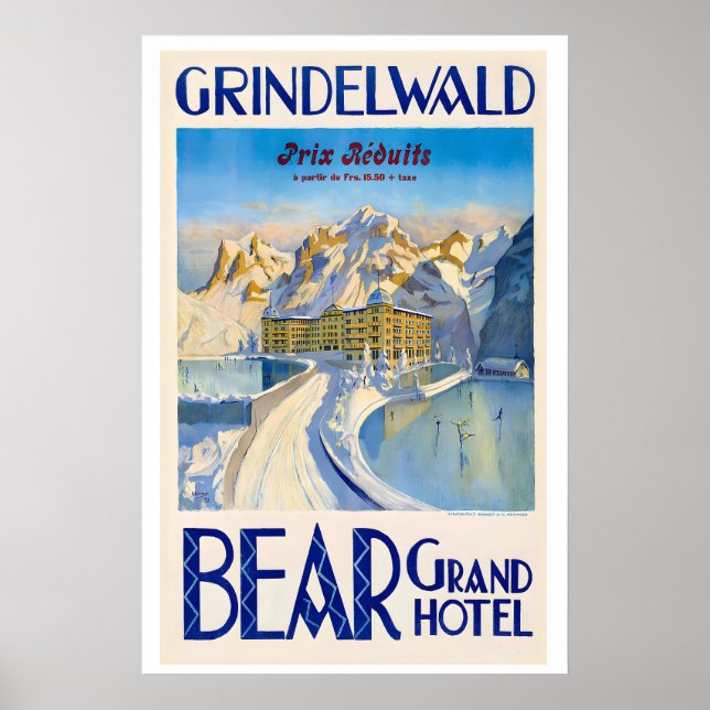 Affiche Hôtel Bear Grand Grindelwald Suisse Vintage (Devant)