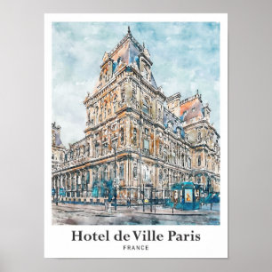 Affiche Hôtel de Ville Paris Aquarelle Voyage Main tirée