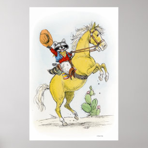 Affiche Hourra ! Racoon de cowboy sur sa copie de cheval