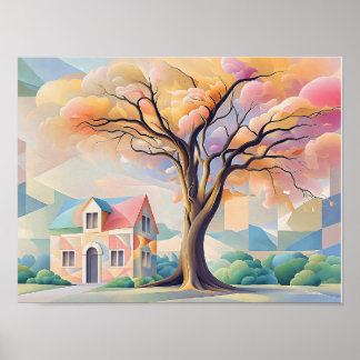 Affiche House and Tree in Art Deco Pastels