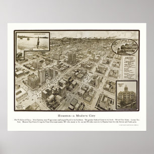 Affiche Houston, carte panoramique de TX - 1912