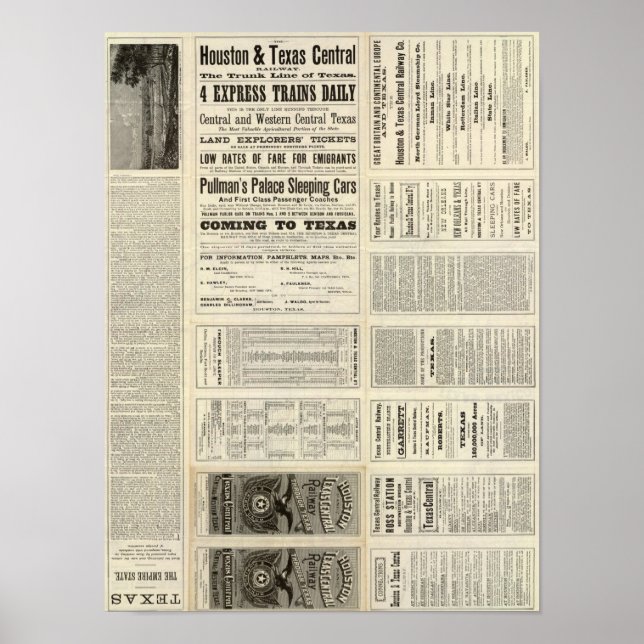 Affiche Houston et Texas Central Railway à travers le Texa (Devant)