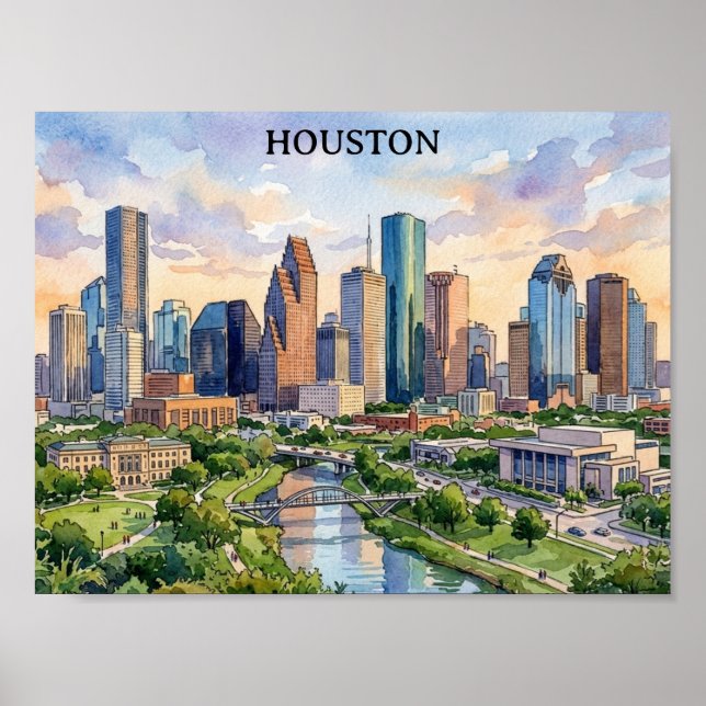 Affiche Houston Texas Artwork Aquarelle Rétro (Devant)