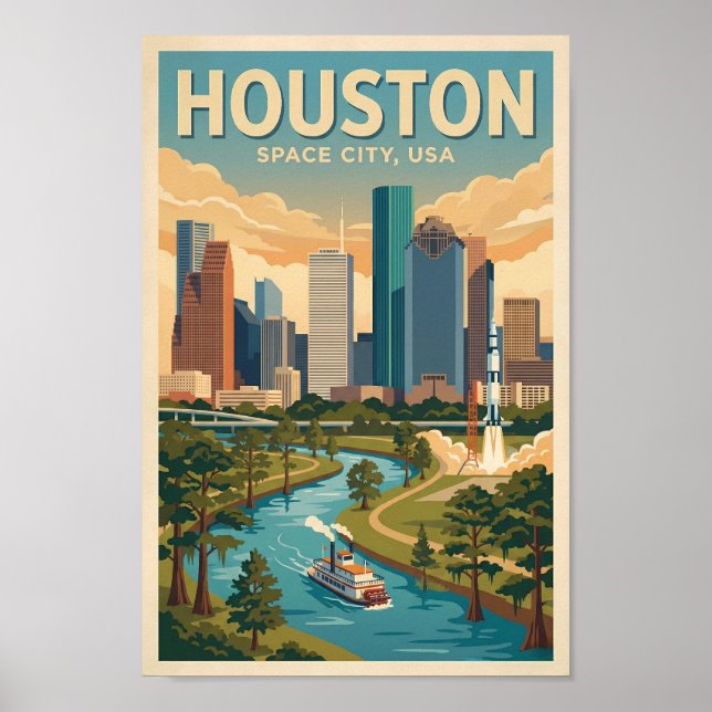 Affiche Houston Texas Illustration Travel Art Vintage (Devant)