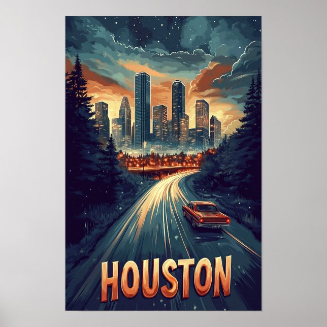 Affiche Houston USA Illustration Vintage Voyage (Devant)