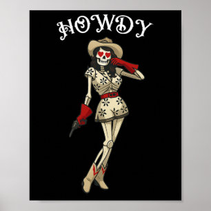 Affiche Howdy Cowgirl Skeleton Western esthétique Hallowee